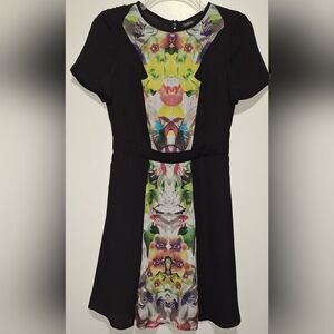 PRABAL GURUNG BLACK FLORAL FIT AND FLARE MINI DRESS. NWOT